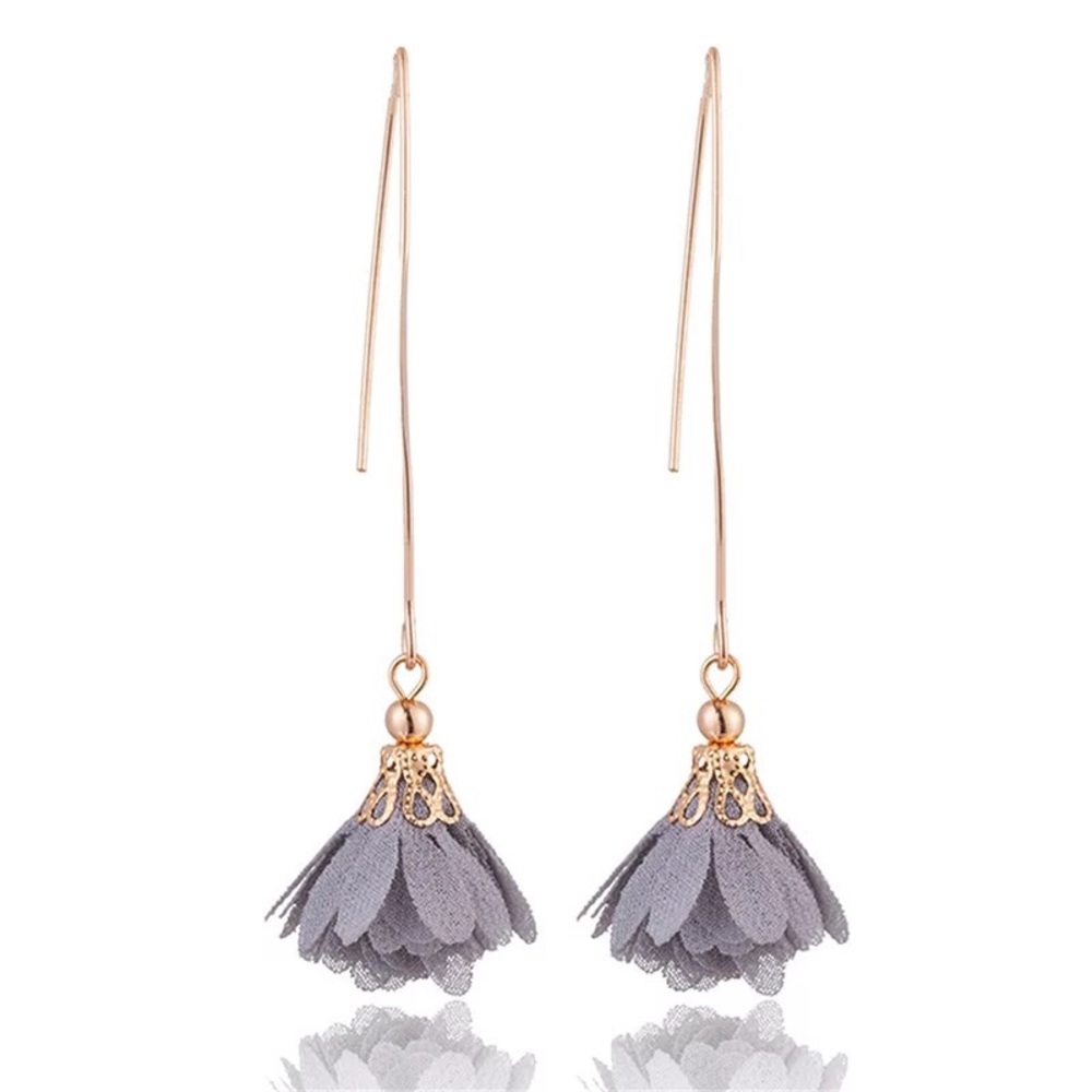 Boho Spring Gray Flower Petal Gold Threader Earrings